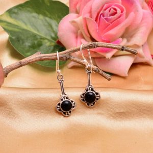 Silver Flower Black Onyx Earring