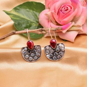 Silver Semi Circle Garnet Earring