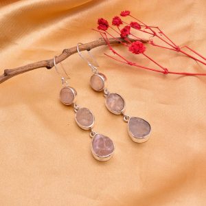 Silver Rough Rose Quartz Dangle Earring