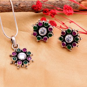 Silver Multi Color Stone Pendent Set